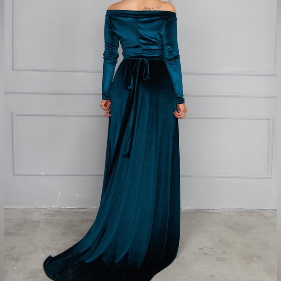 ❗️NEW❗️Dark Teal Off Shoulder Velvet Wrap Maxi Dress - Picture 15 of 16